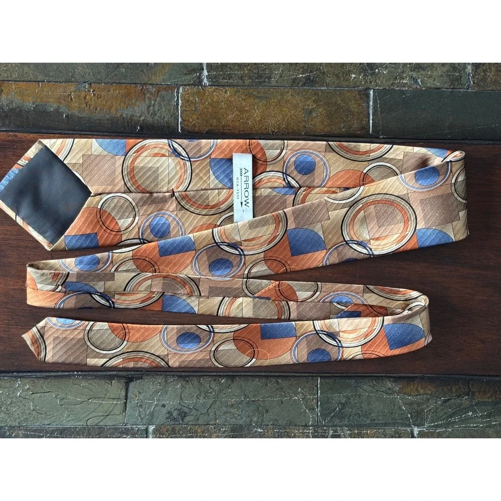 TWO Arrow & Meeting Street Vintage Silk Neckties Tan Brown Blue geometric circle